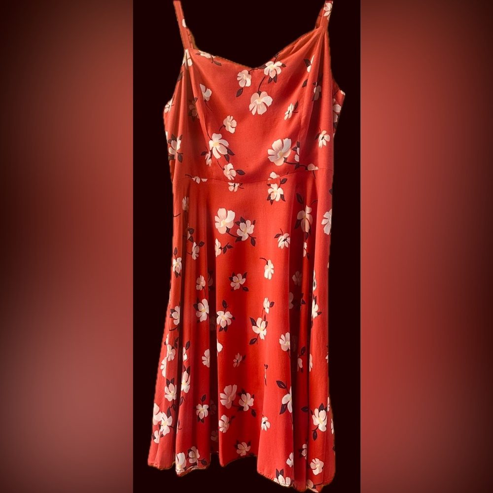 Fun Floral Red Dress. Fit & Flare. Adjustable Straps & Elastic Smocking on Back
